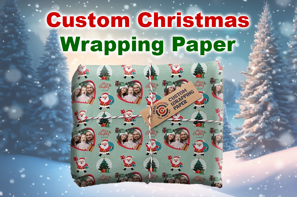 Custom Christmas wrapping paper is written above custom wrapping paper by Color Copies USA
