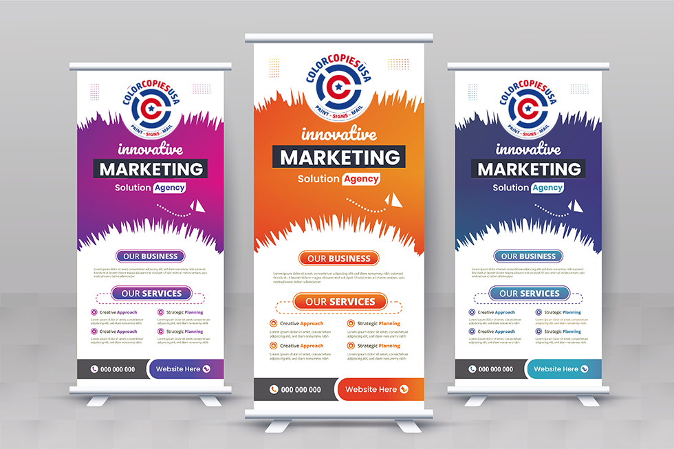 Three deluxe retractable banners printed by Color Copies USA
